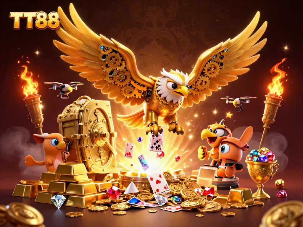 Experience the excitement of TT88 with a cybernetic eagle amidst treasure and holographic cards.