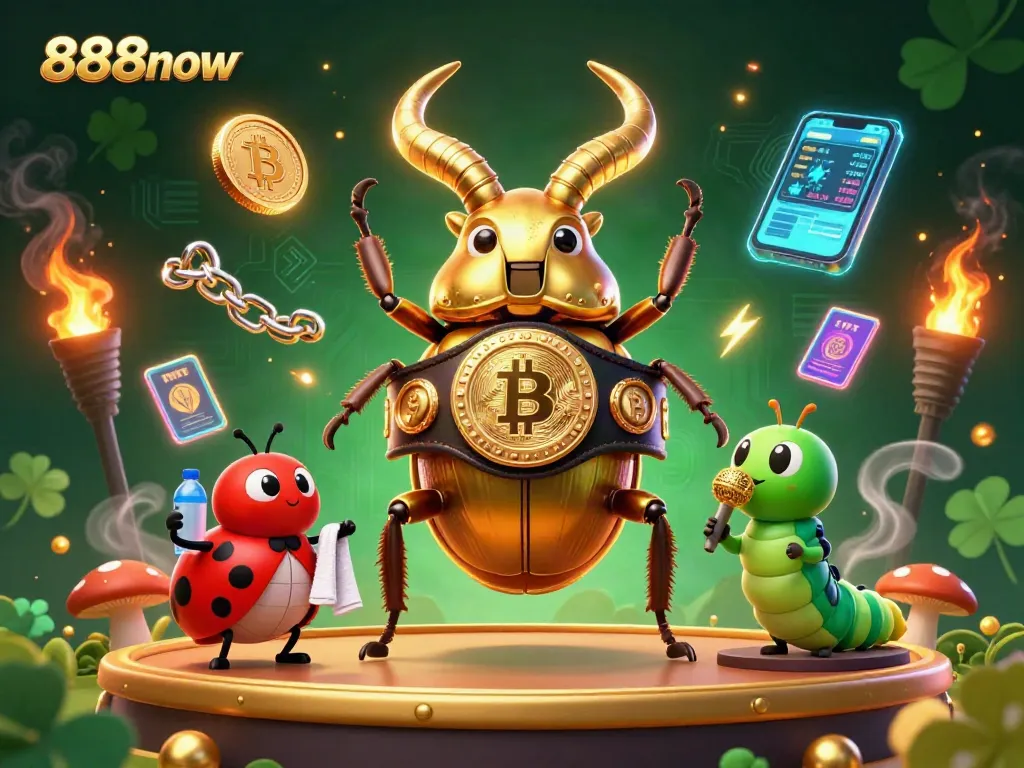 Experience high-stakes gaming at 888now, featuring a vibrant 3D illustration of a boxing beetle and gaming elements.