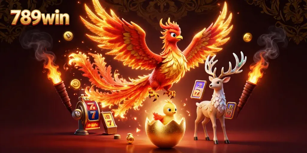 Win big with 789win's thrilling slot machines featuring a phoenix and stag in a vibrant casino scene.