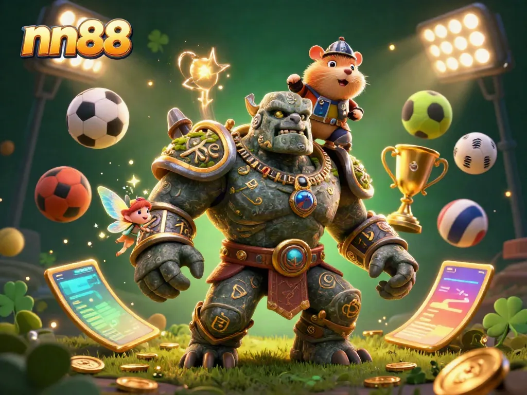 nn88 online casino features a lively scene with a golem, fairy, and hamster knight amidst dynamic gaming elements.