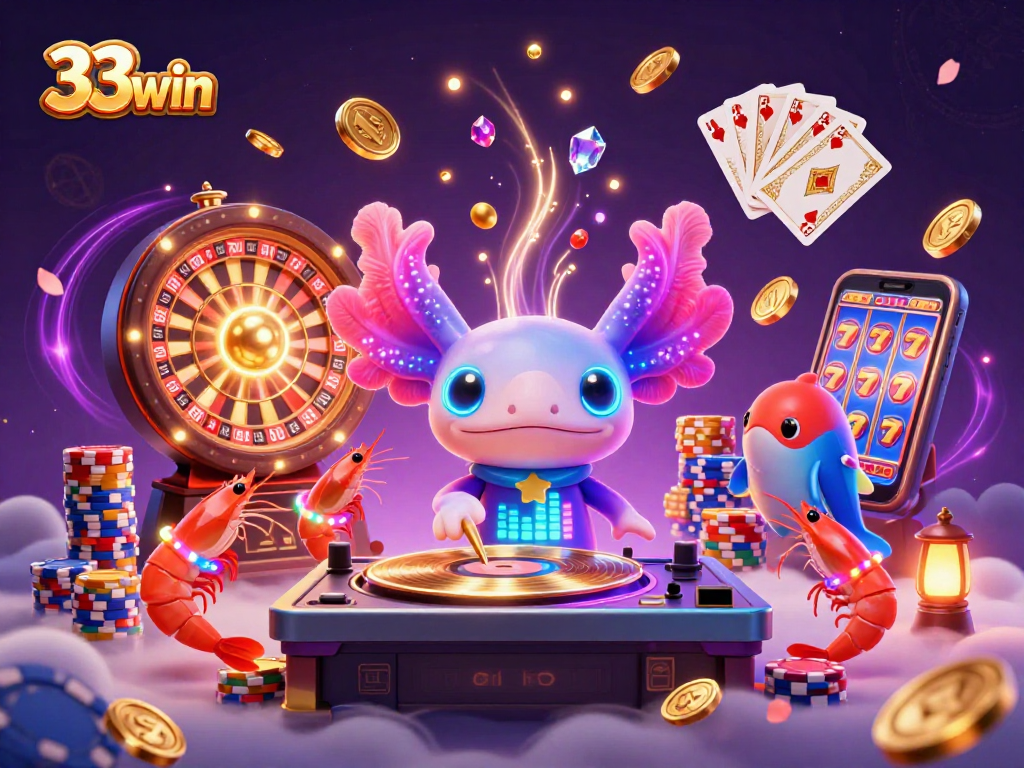 Experience thrilling gameplay with 33win's vibrant casino illustration showcasing festive characters and dynamic gaming elements.