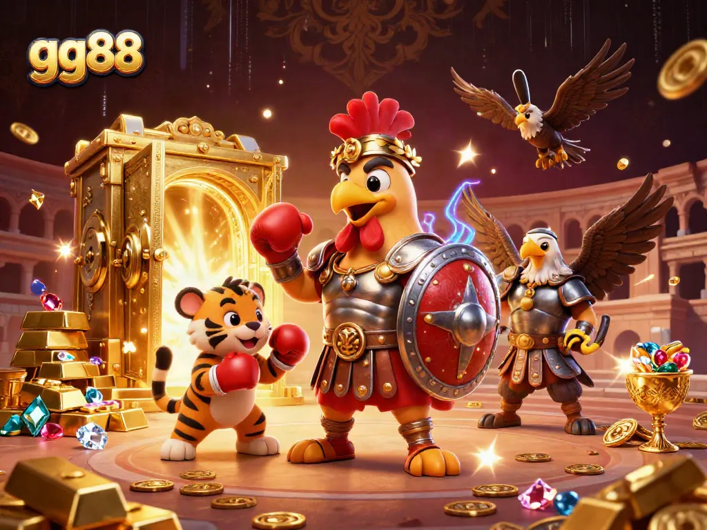 Join the exciting world of gg88 with epic gaming elements and vibrant visuals featuring a gladiator rooster.