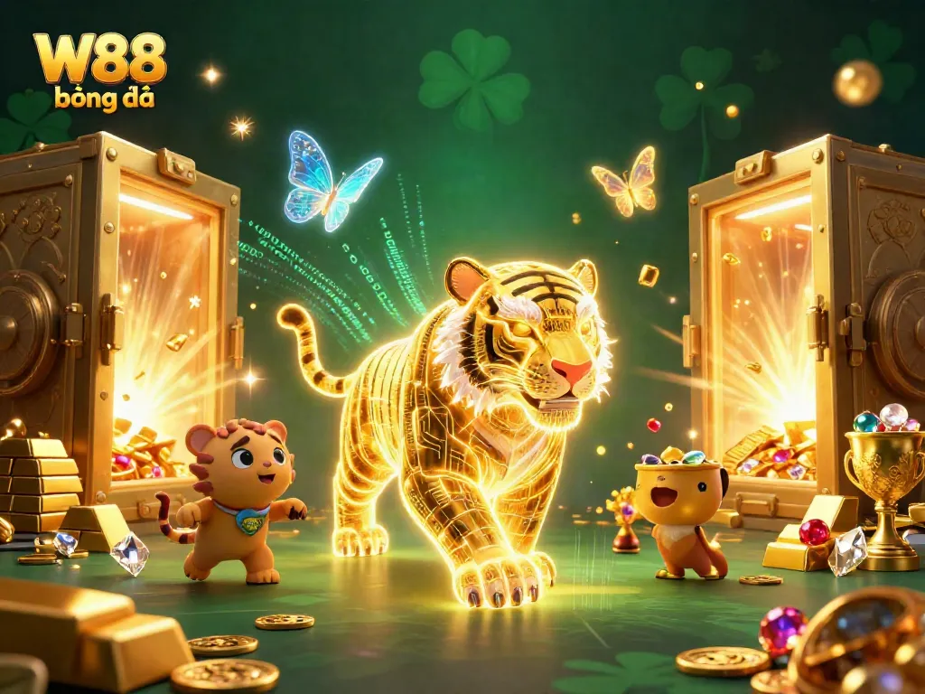 Experience W88 bóng đá with vibrant lighting, a golden tiger, and treasures in a digital casino.