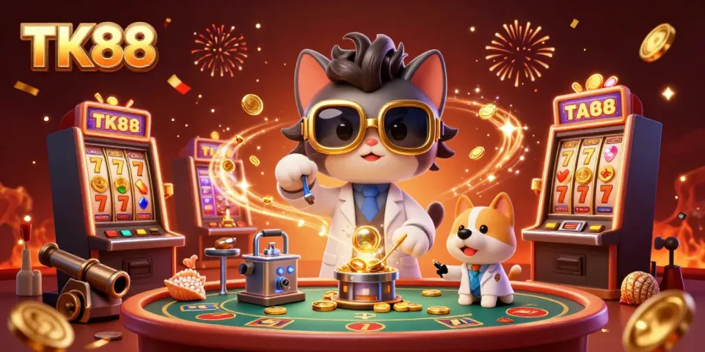 Experience thrilling jackpots with TK88's vibrant casino atmosphere featuring golden coins and exciting game elements.