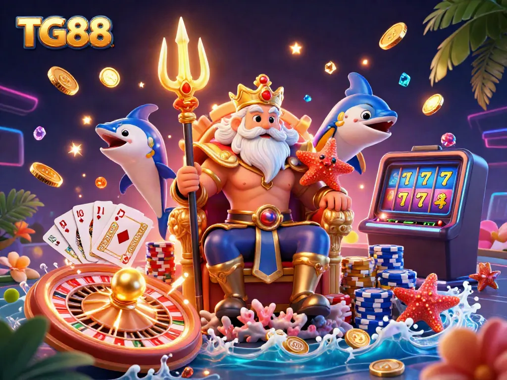 Catch immersive gameplay at TG88 with Neptune and gaming elements in a vibrant 3D casino scene.