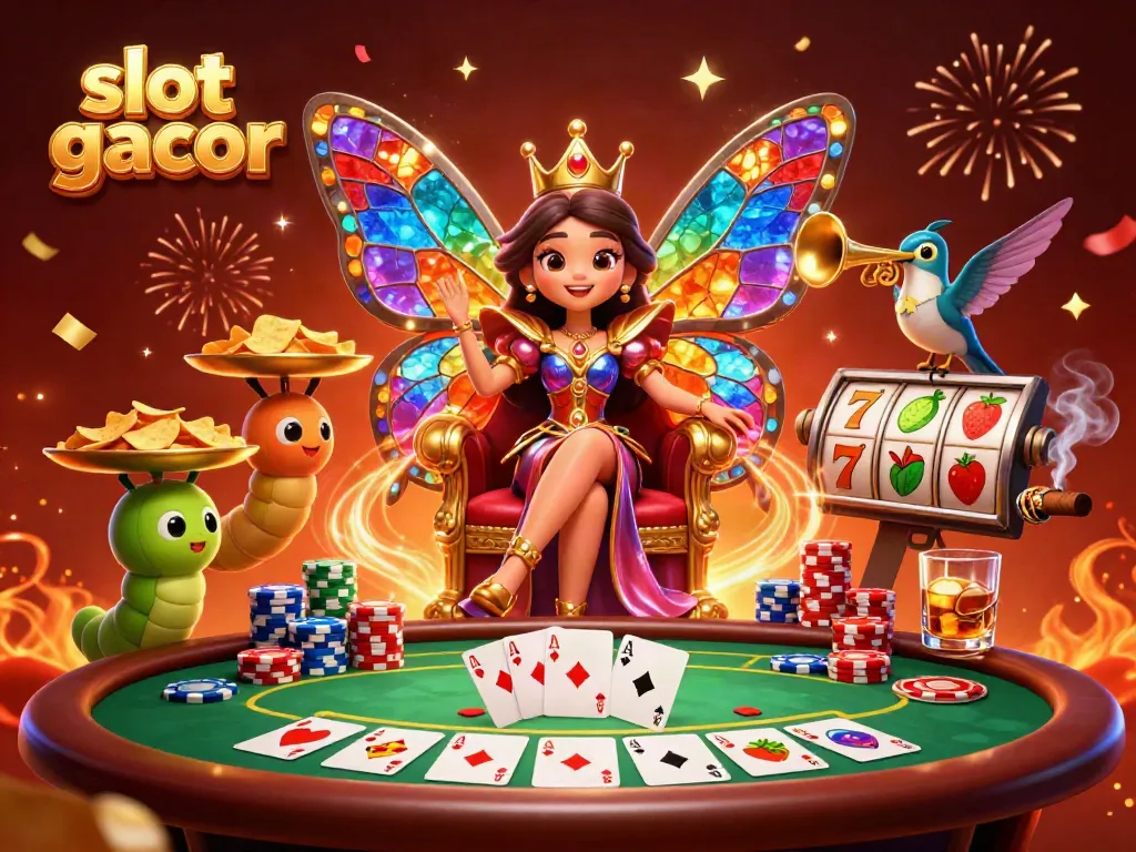 Experience the thrill of slot gacor with a vibrant casino scene featuring a butterfly queen and playful characters.