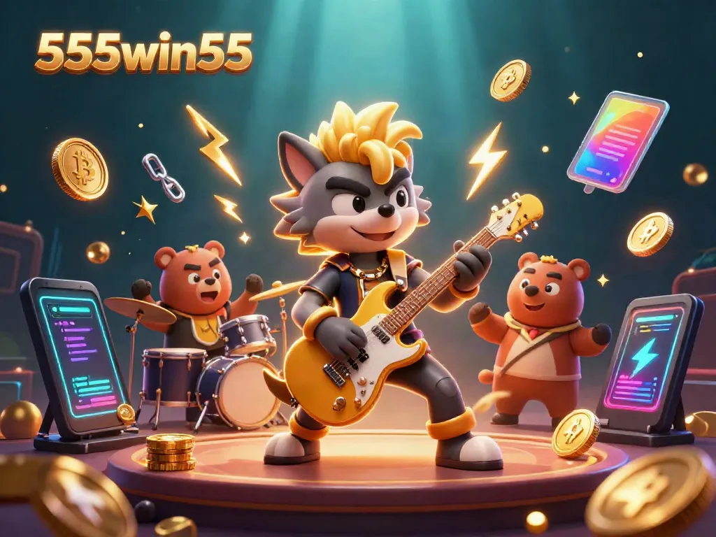 Experience thrilling gameplay at 555win55 with an engaging rock star-themed casino stage illustration.