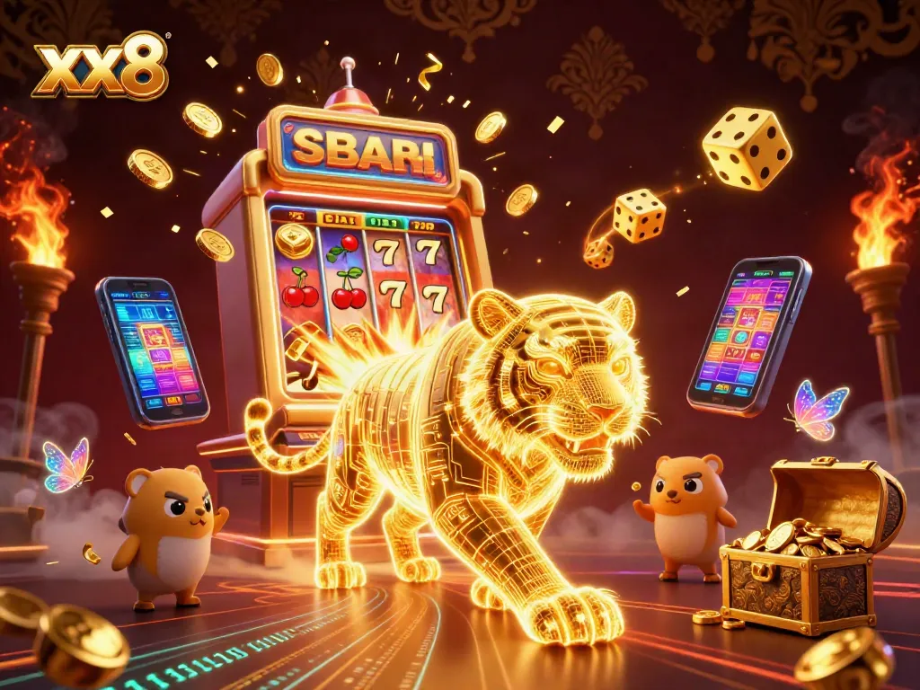 Win big with xx8 in this vibrant 3D digital casino scene showcasing exciting slot machines and dazzling gameplay!