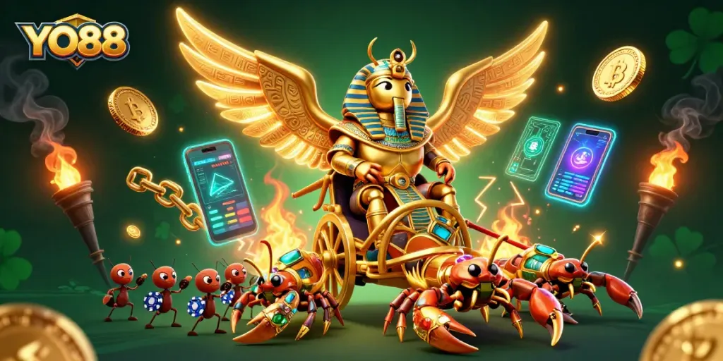 Join the excitement at YO88 with a vibrant 3D illustration of a golden scarab and dazzling casino elements.
