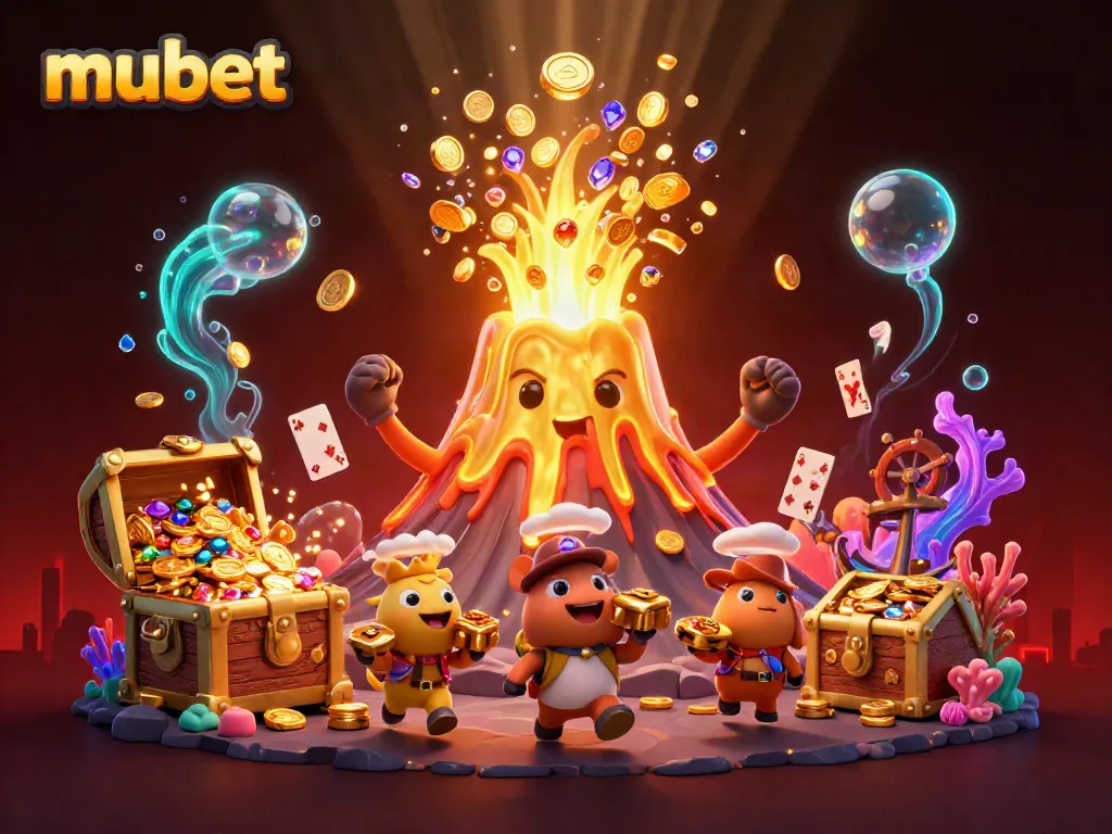 Engage with mubet's thrilling treasure eruption, featuring a golden volcano, coins, and vibrant game elements.