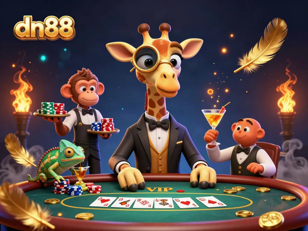 Experience the thrill of dn88 poker with a high-roller giraffe and chameleon bartender in a vibrant casino scene.