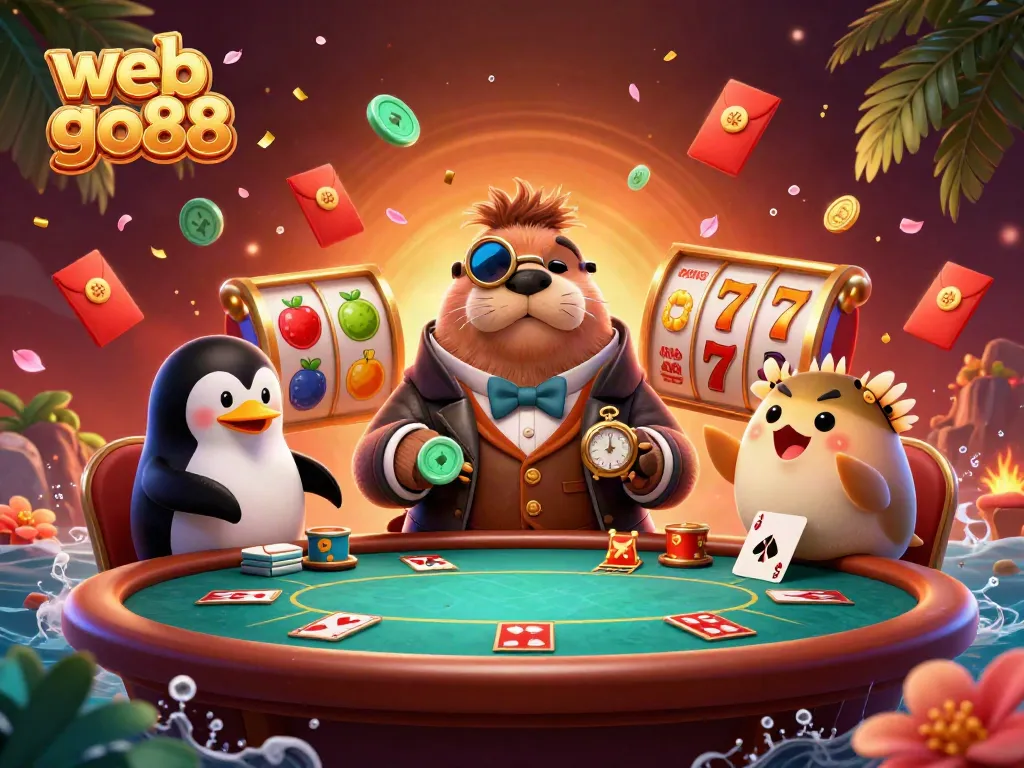 Engage in the rich world of web go88 with an underwater poker scene featuring a walrus, penguin dealer, and pufferfish.