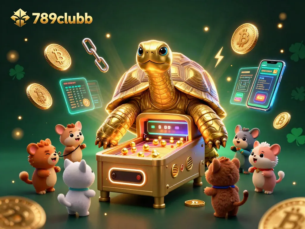 Engage with thrilling gaming at 789clubb featuring a golden tortoise pinball machine and crypto elements.