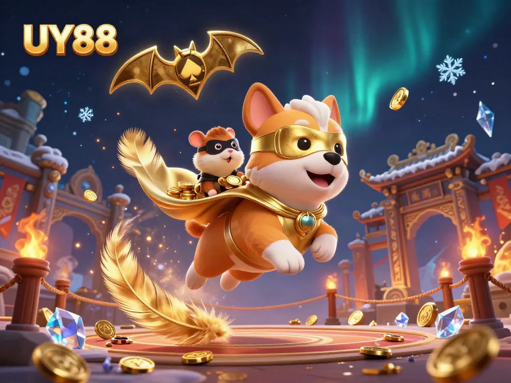 Experience the thrill of UY88 with a superhero dog and hamster in a vibrant casino scene!