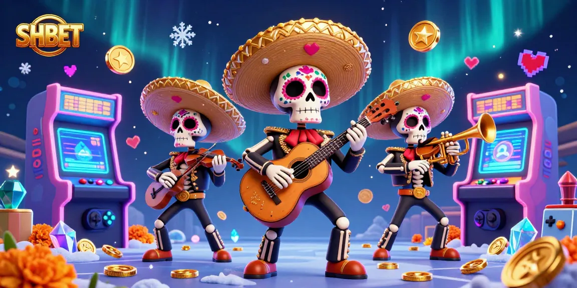 Experience the thrill of SHBET with a vibrant 3D mariachi band illustration, gaming elements, and casino glamour.
