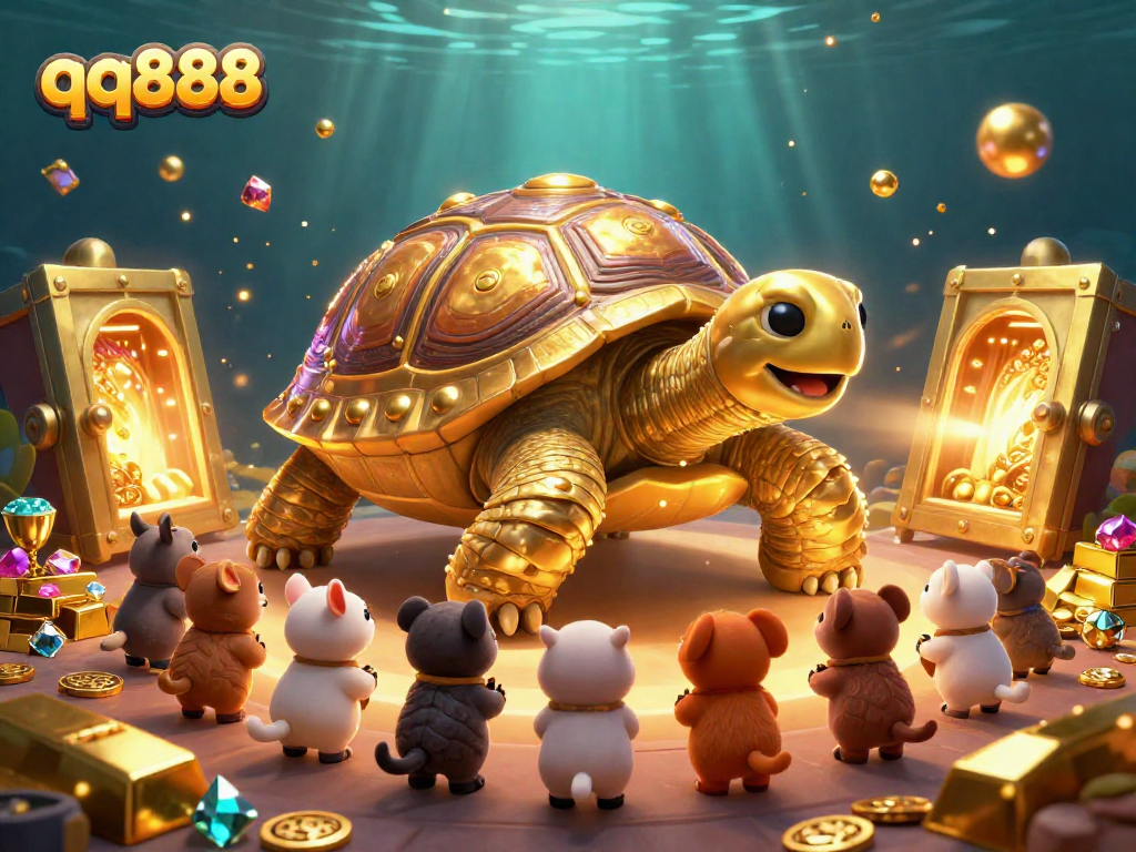 Experience thrilling wins at qq888 with a dynamic scene of a golden tortoise and exciting treasures.