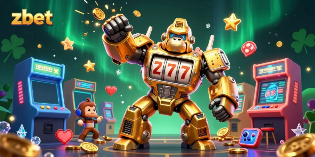 Play exciting games at zbet with a dynamic scene of a golden gorilla mech and arcade action.
