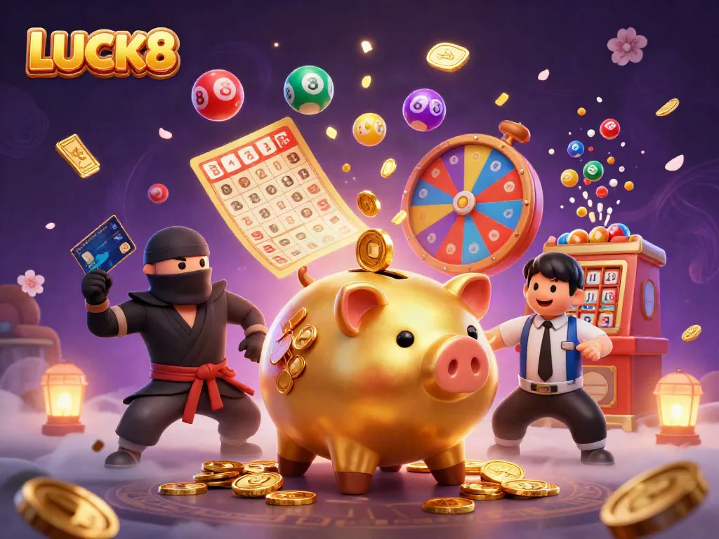 Engaging scene showcasing LUCK8's vibrant gaming world with dynamic characters and lottery elements.