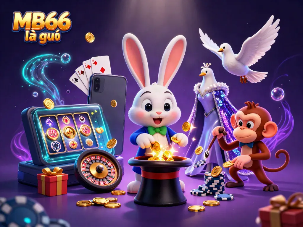 Engaging scene depicting MB66 là gì with a magician rabbit, sparkling coins, and casino elements