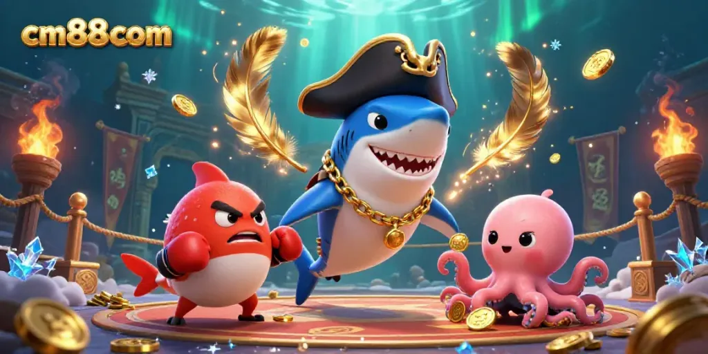 Experience gaming excitement at cm88com with a cartoon shark and friends in a vibrant casino scene.