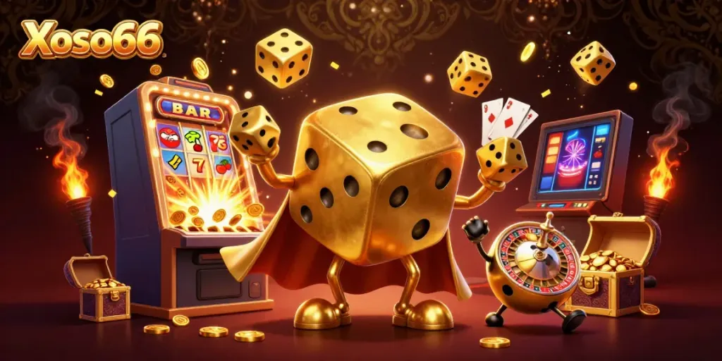 Experience exhilarating wins with Xoso66 in this vibrant casino-themed illustration featuring dynamic gaming elements.