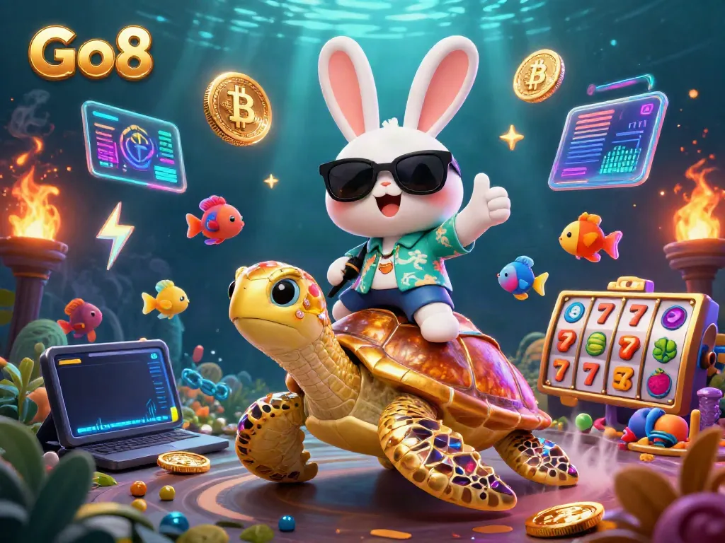 Go8 theme illustration featuring a lucky rabbit and golden sea turtle in a vibrant casino scene
