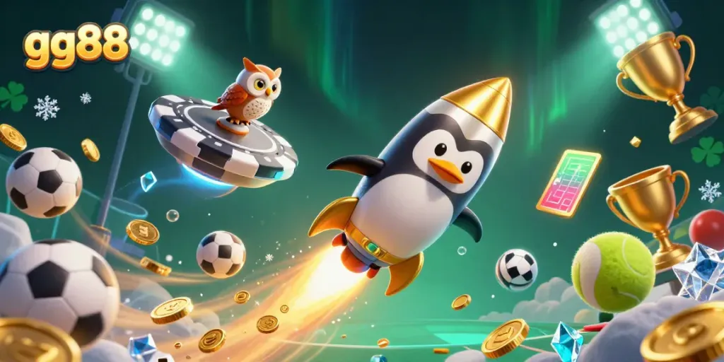 Experience the thrill of gg88 with a dynamic scene of a penguin racing to a casino station amidst flying sports balls and glowing elements.