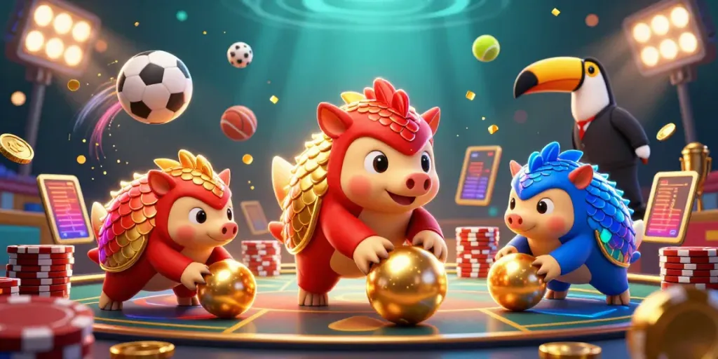 Bowling pangolins score in a dynamic five88 gambling scene filled with sports balls and poker chips.