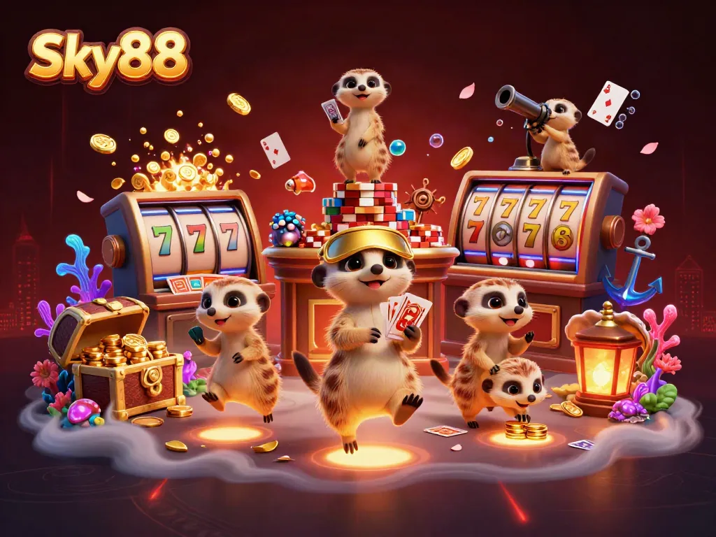 Sky88 meerkats running an engaging casino scene with dynamic game elements and vibrant colors.
