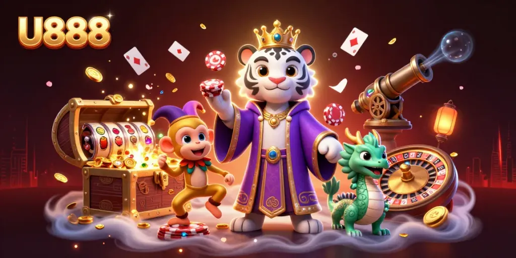 U888 showcases a dynamic casino scene with lively characters and exciting game elements.