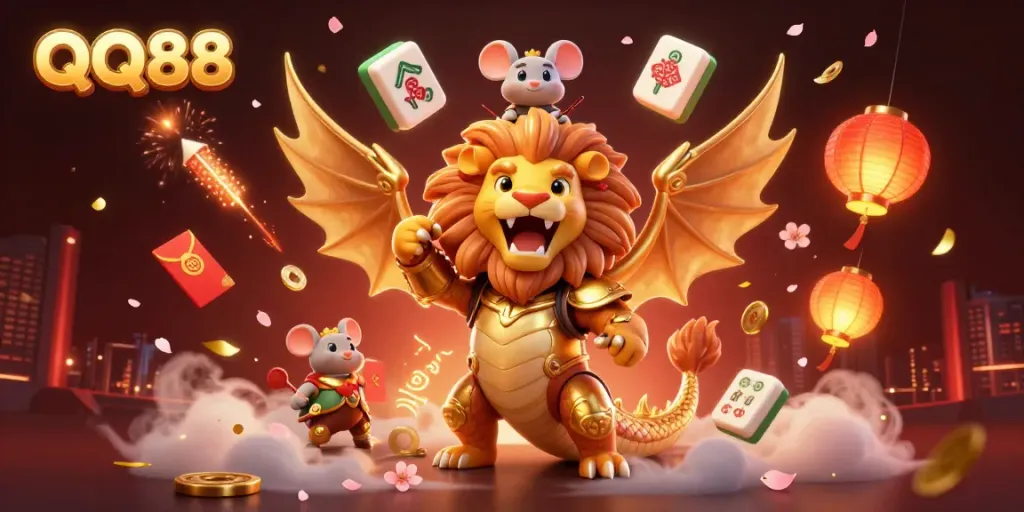 Experience the thrill of QQ88 with a triumphant chimera and festive casino elements in golden hues.
