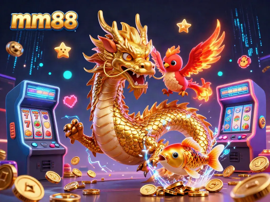 Play exciting games at mm88 with stunning visuals of a dragon, phoenix, and koi amid a vibrant casino scene.