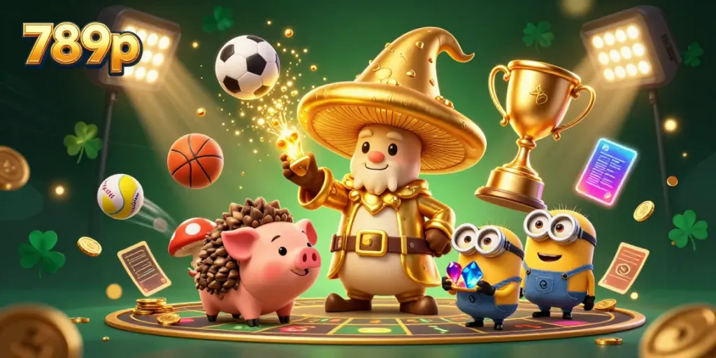 Experience the excitement of 789p with a whimsical illustration featuring a golden mushroom wizard, a treasure-sniffing truffle pig, and dynamic casino elements.