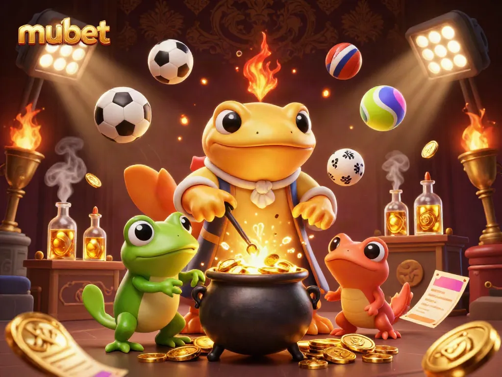 Experience the magic of mubet with a golden salamander and sports elements in a vibrant casino scene.