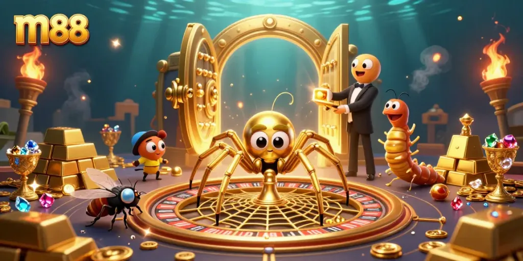 Engage with m88 at this vibrant 3D casino scene featuring a roulette wheel web, golden treasures, and more.
