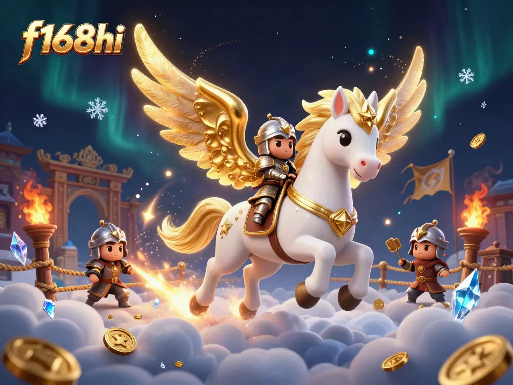 Engage in thrilling gameplay at f168hi with a celestial horse and knight in a vibrant 3D casino illustration.