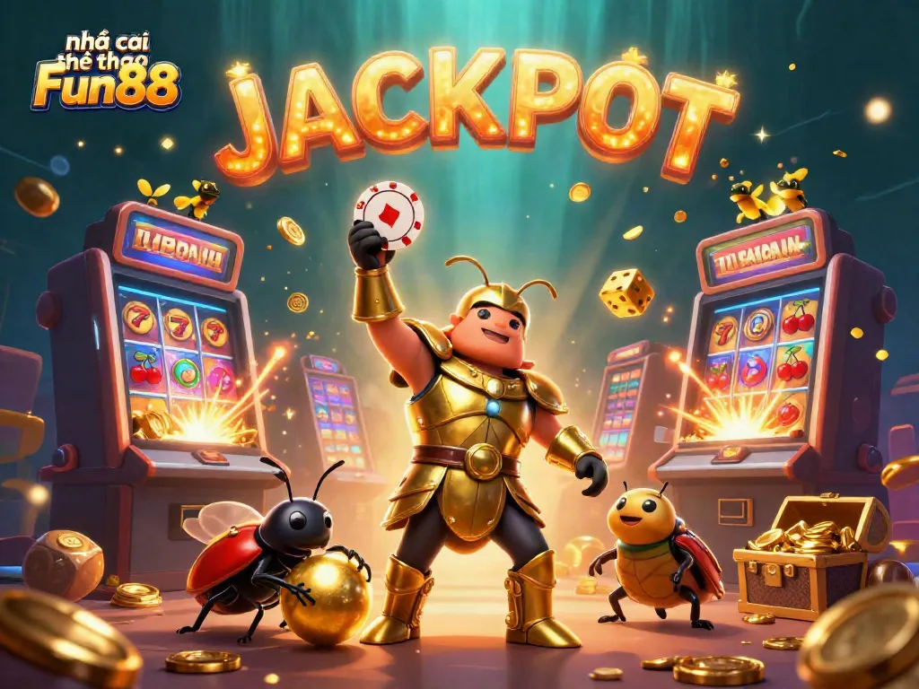 Engage in the thrilling ambiance of Nhà cái thể thao Fun88 as characters celebrate a jackpot with vibrant casino elements.