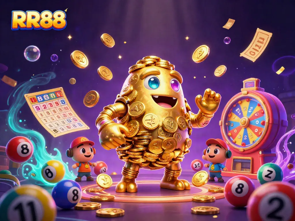 Experience the excitement of RR88 with a golden golem surrounded by dynamic lottery elements.