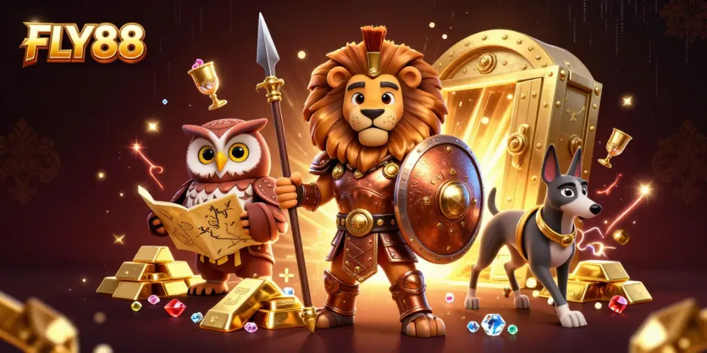 Experience thrilling casino adventures at FLY88 with golden treasures and captivating game scenes.