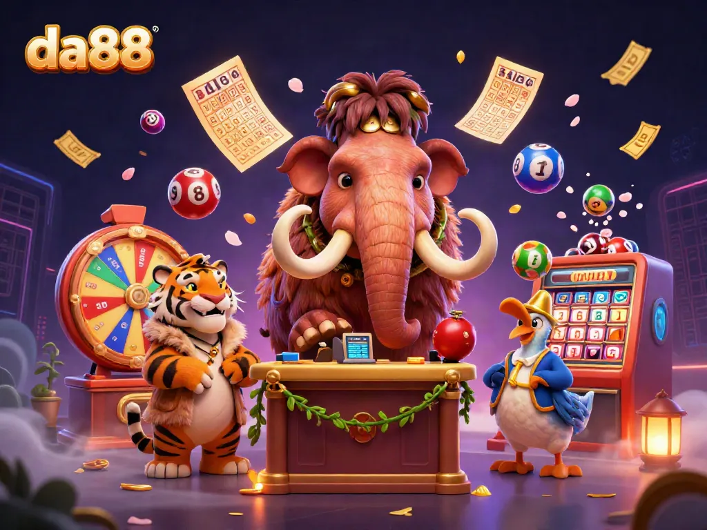 Experience the excitement at da88 with vibrant casino characters and dynamic game elements in a lively illustration.