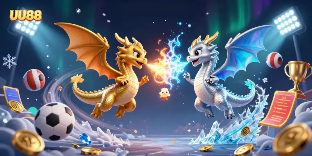 UU88 sports betting illustration featuring dynamic dragons and energetic game elements.