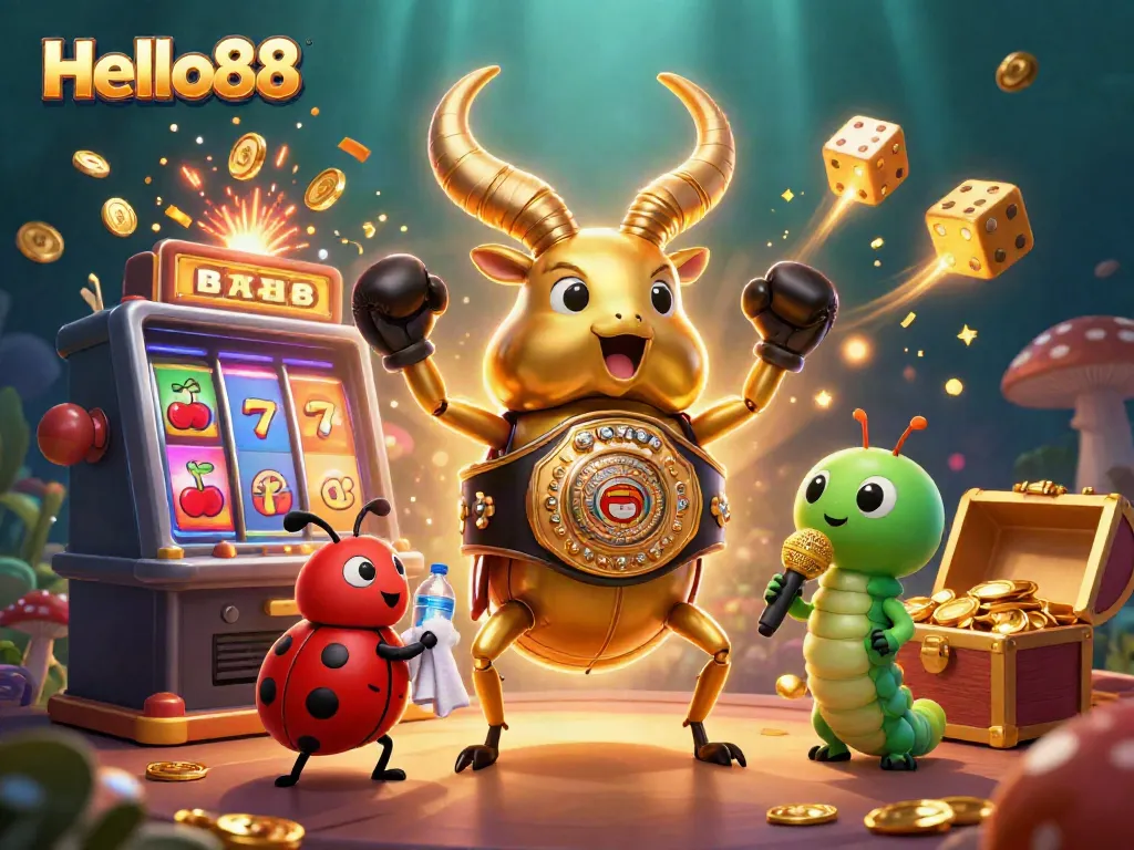 Hello88 showcases a thrilling casino atmosphere with characters celebrating a jackpot amidst vibrant slot visuals.