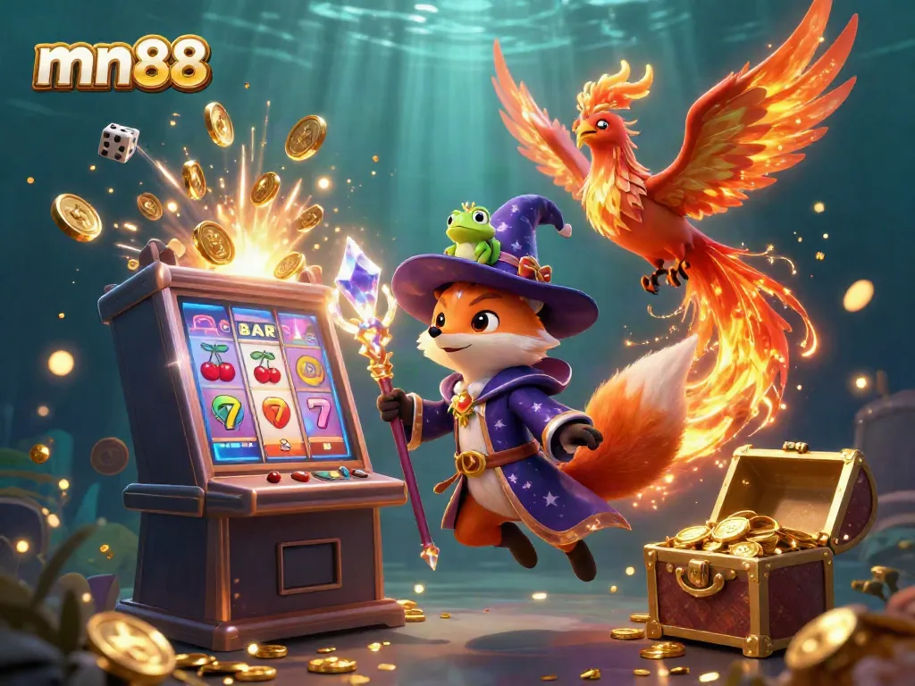 Engage with mn88's mystical wizard fox in a vibrant, dynamic casino illustration showcasing a jackpot scene.