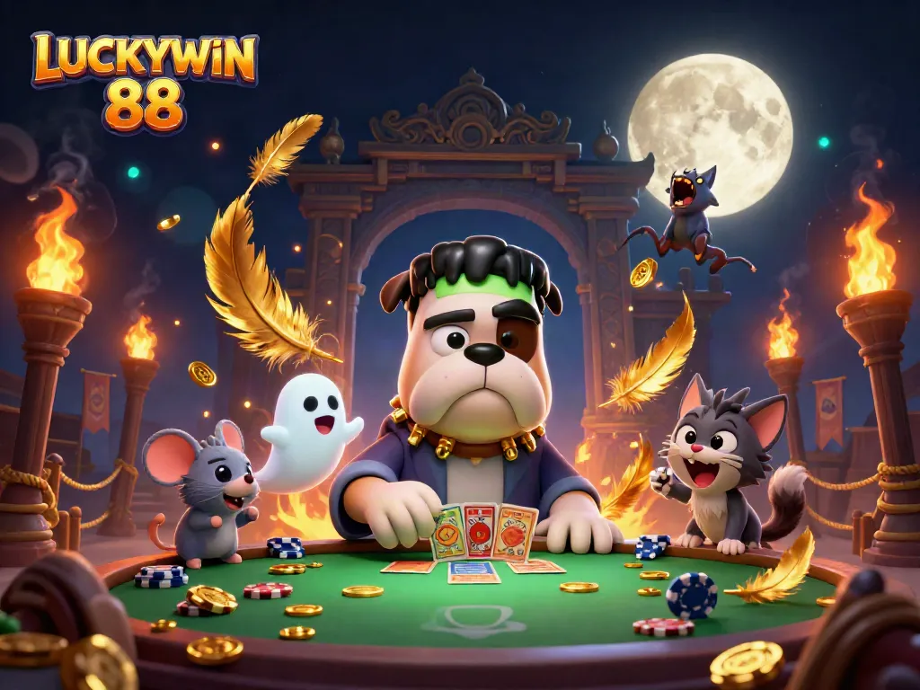 Experience thrilling play at LUCKYWIN 88, where a werewolf kitten and Frankenstein bulldog deal cards in a vibrant casino.