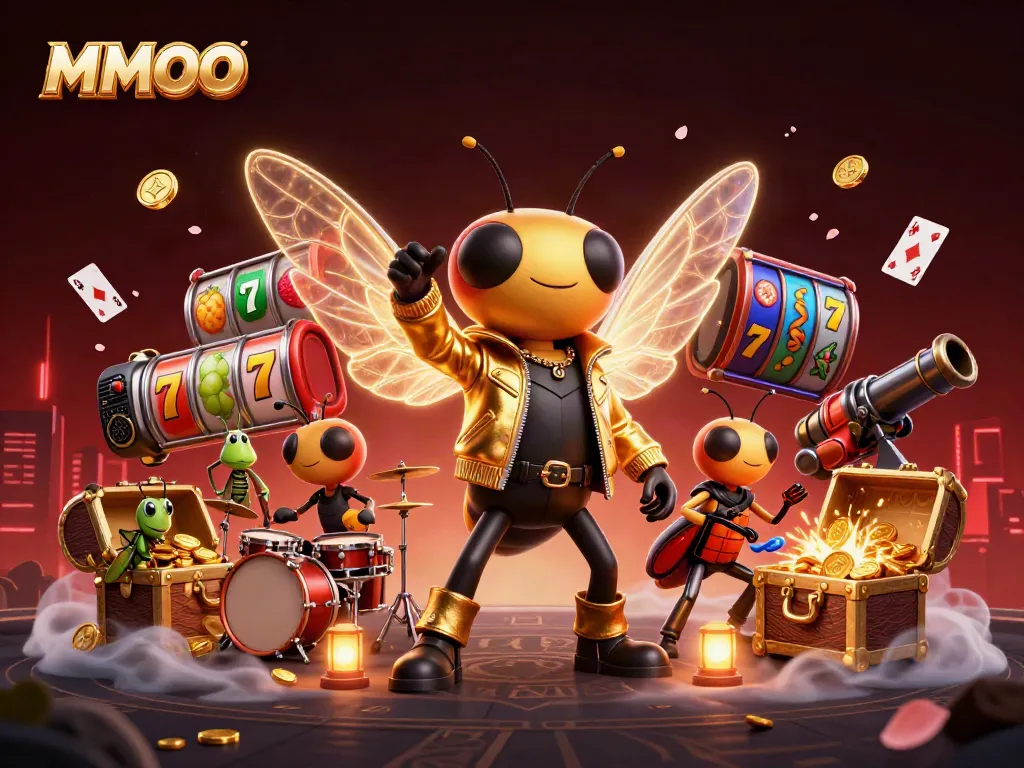 Engage with MMOO's thrilling slots through an electrifying rock star scene filled with gold coins and vibrant symbols.