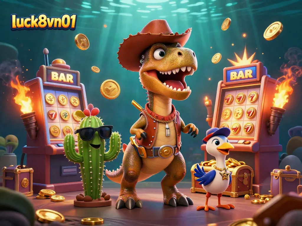 Engage with luck8vn01 as a joyful T-Rex cowboy spins a jackpot at a vibrant casino scene.