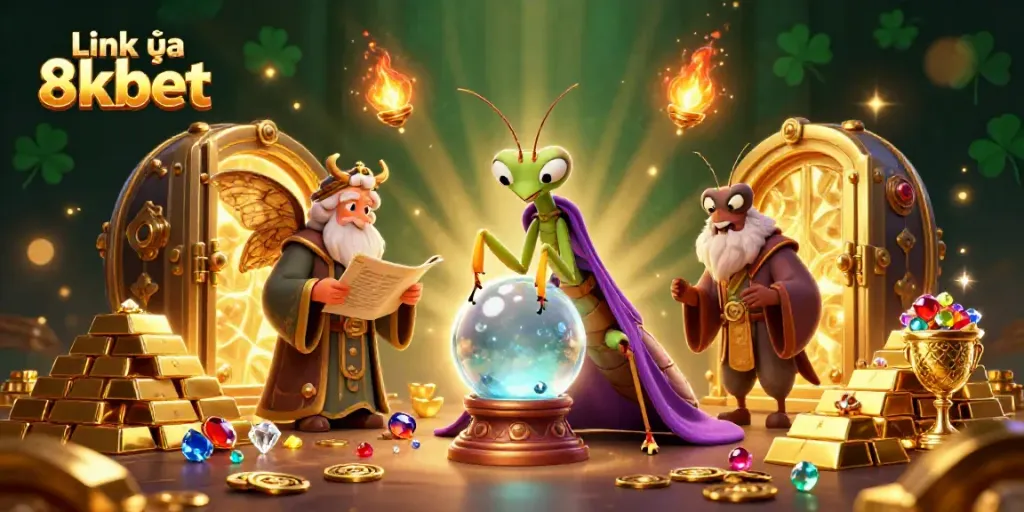 Engage with thrilling games through Link vào 8kbet as a cartoon mantis fortune teller unveils riches and mystery.
