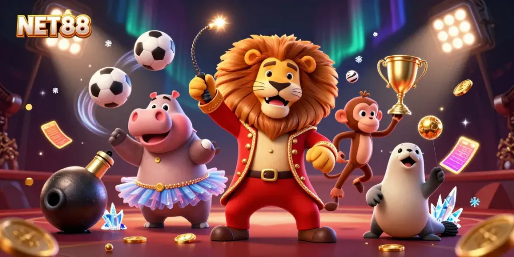 Experience the thrilling world of NET88 with dynamic 3D casino elements and colorful characters.