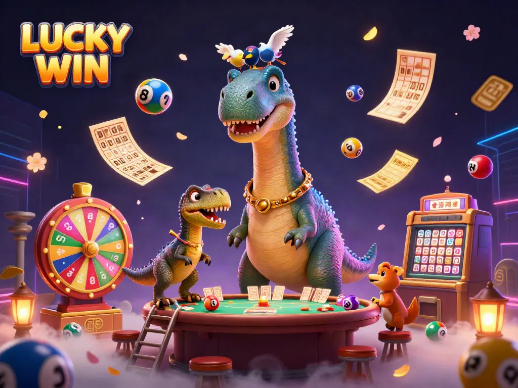 Experience the thrilling LUCKY WIN at a cartoon casino with a colossal brontosaurus and raptor dealer.