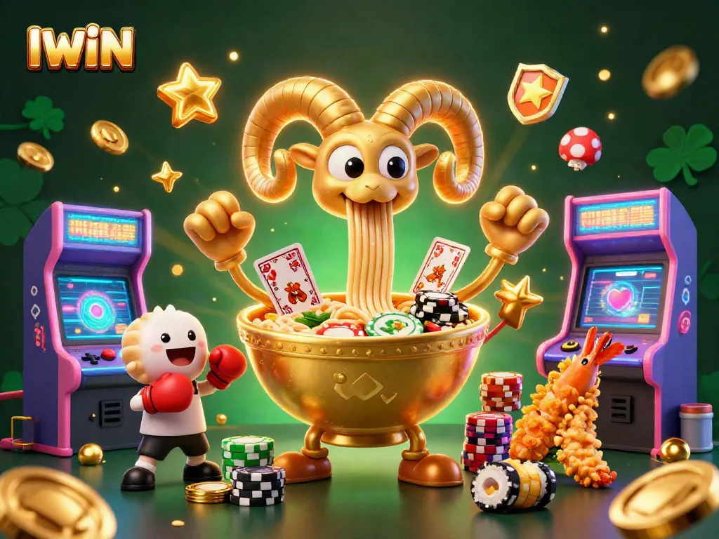 IWIN casino scene featuring a giant ramen bowl character with gambling elements and vibrant 3D designs.